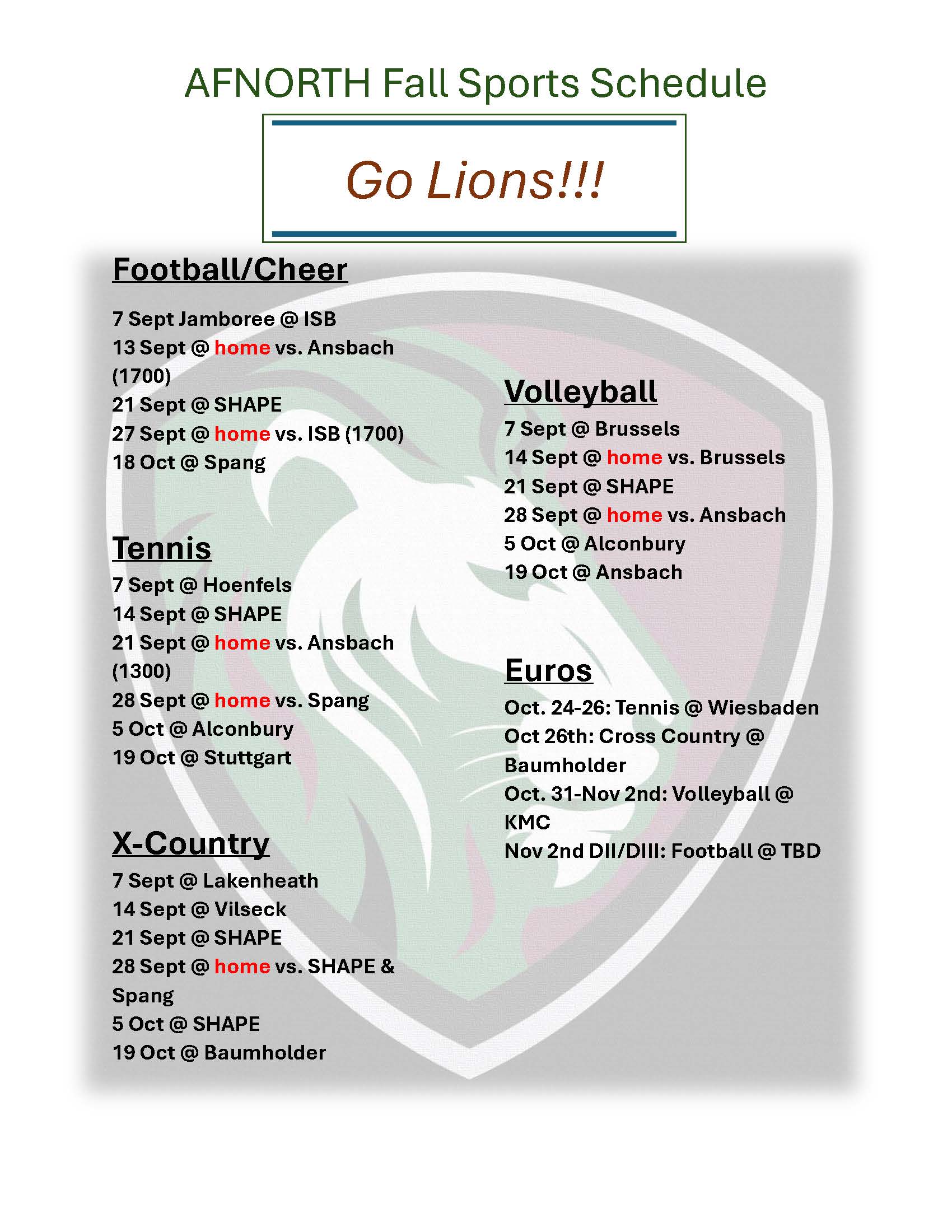 Fall Sports Schedule