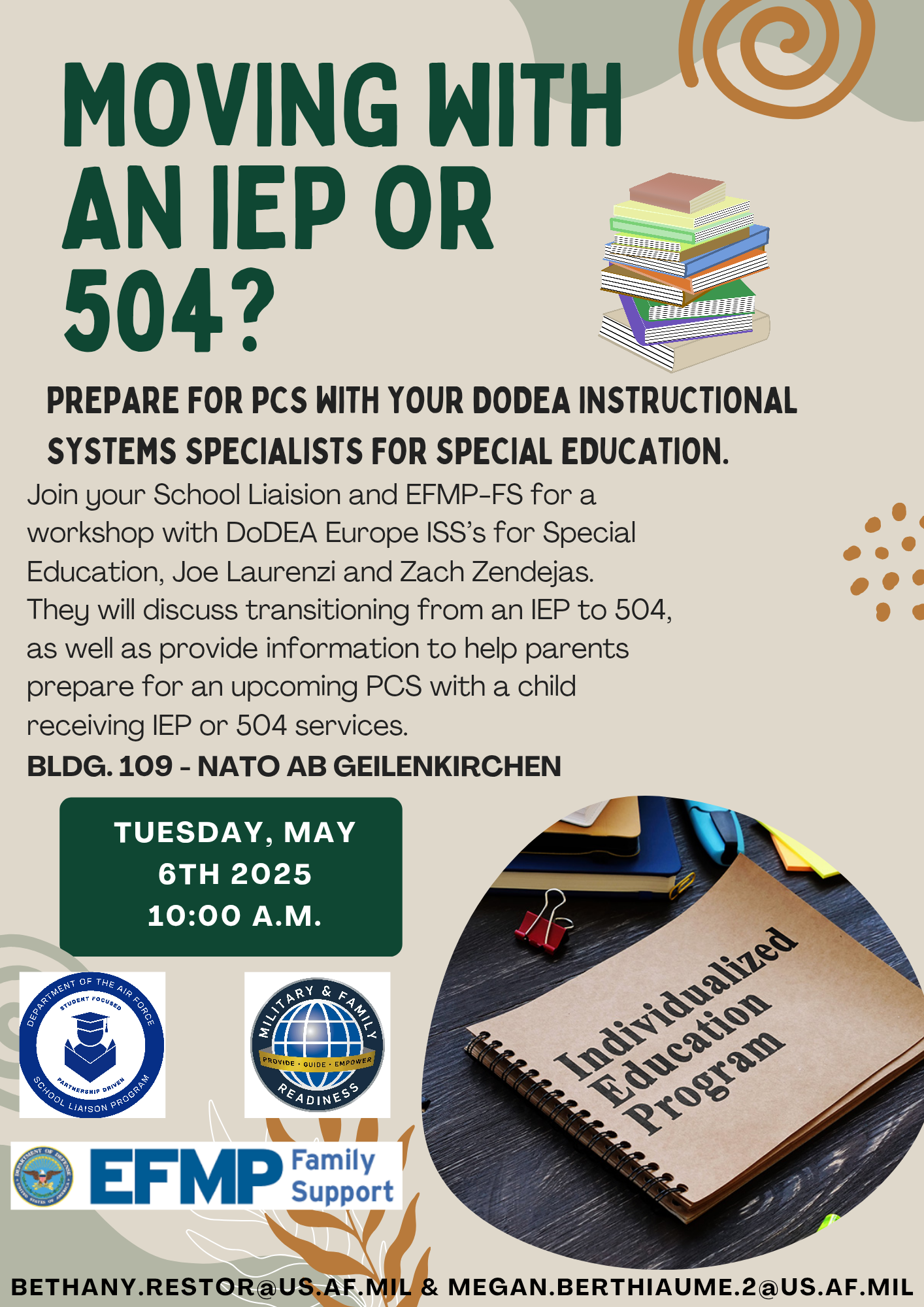 Moving with an IEP or 504 meeting, May 6, 10:00am