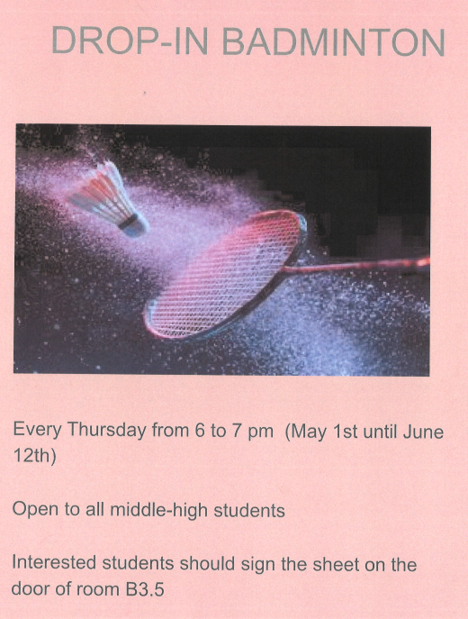 Drop in Badminton every Thursday from 6-7, May 1st - June 12