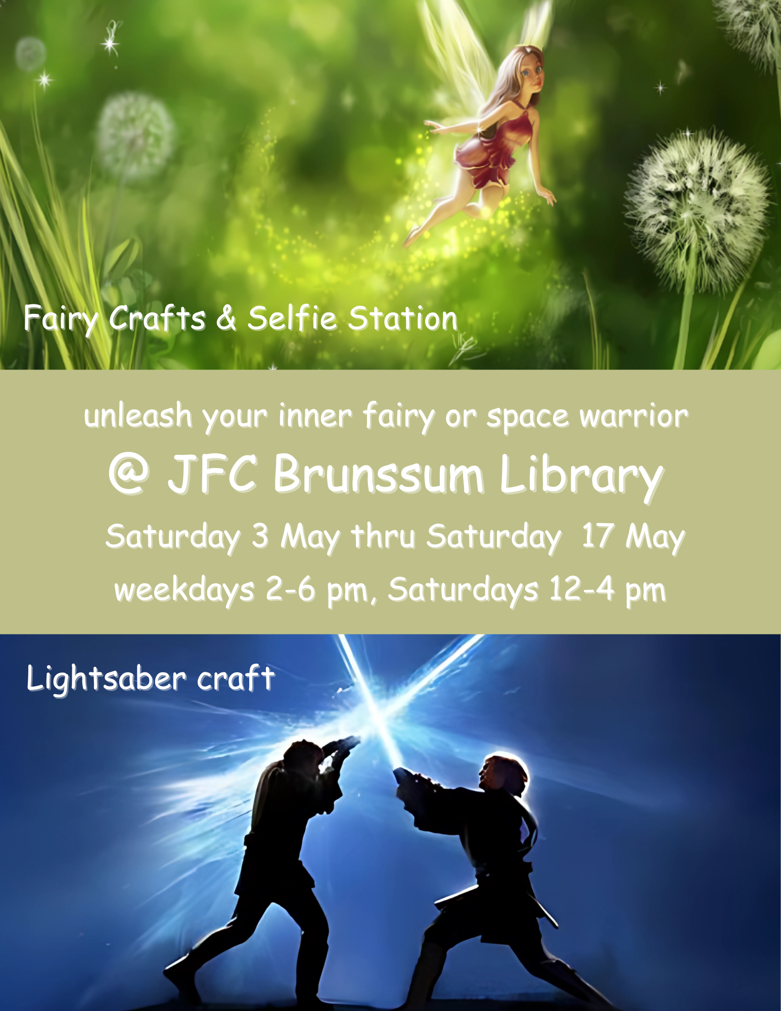 JFC Brunssum Library Fairy Crafts 3 May - 17 may, weekdays 2-6pm, Saturdays 12-4pm