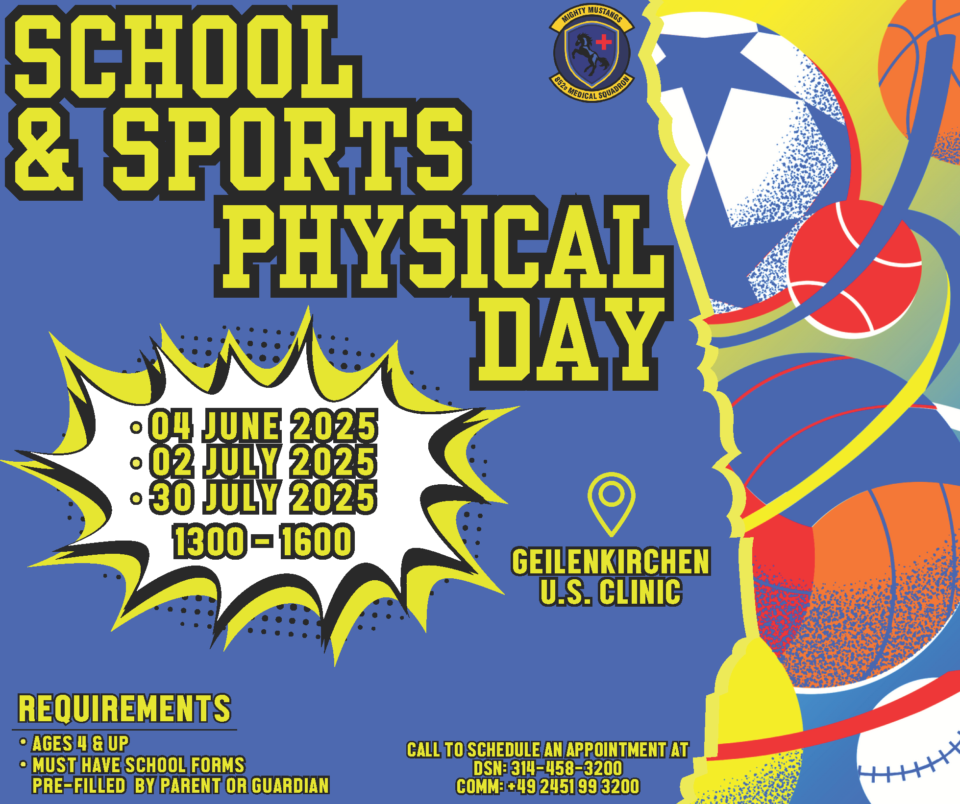 School and sports physical day, 4 June, 2 July or 30 July at GK clinic from 1300-1600