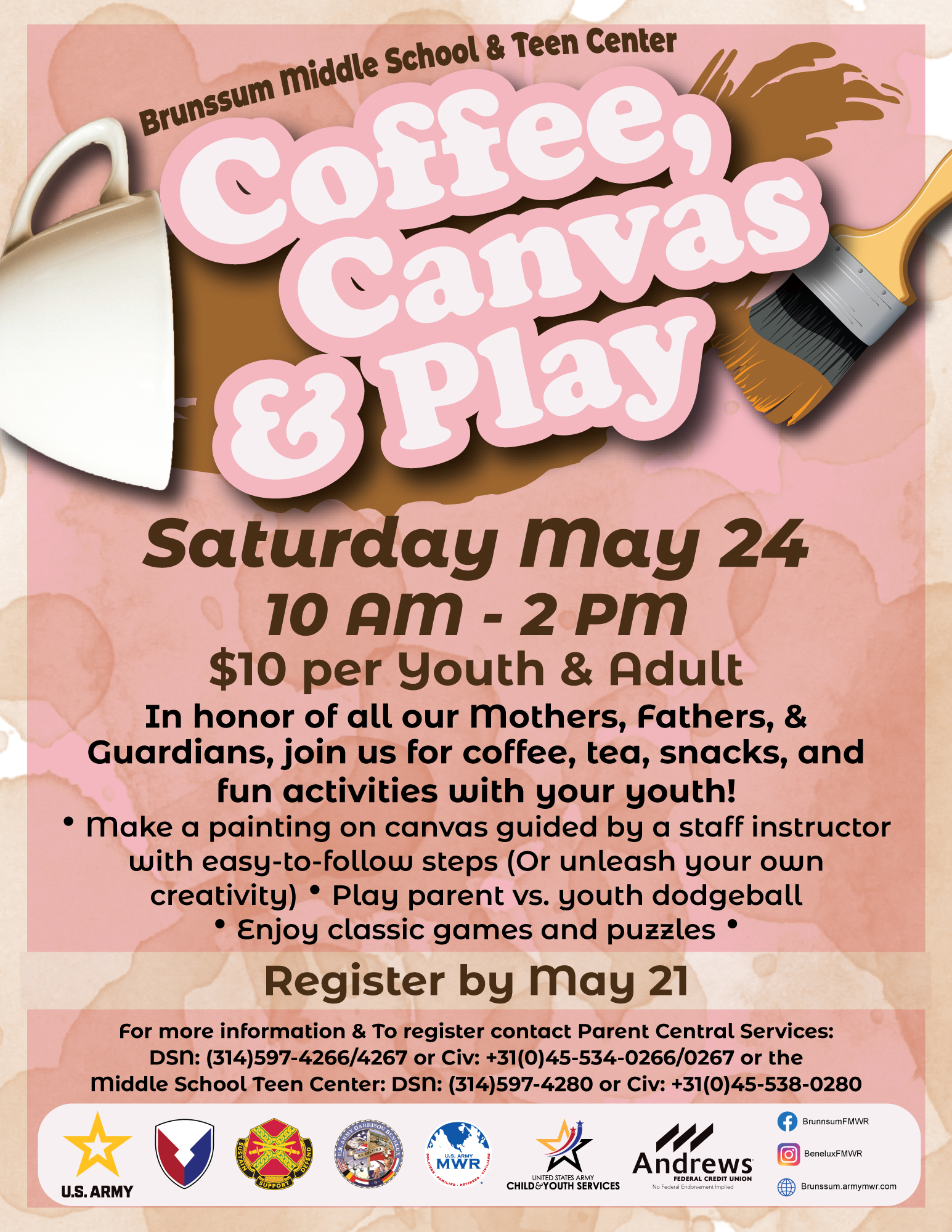 YC Coffee, Canvas & Play 5/24 from 10am- 2pm $10 per youth and adult