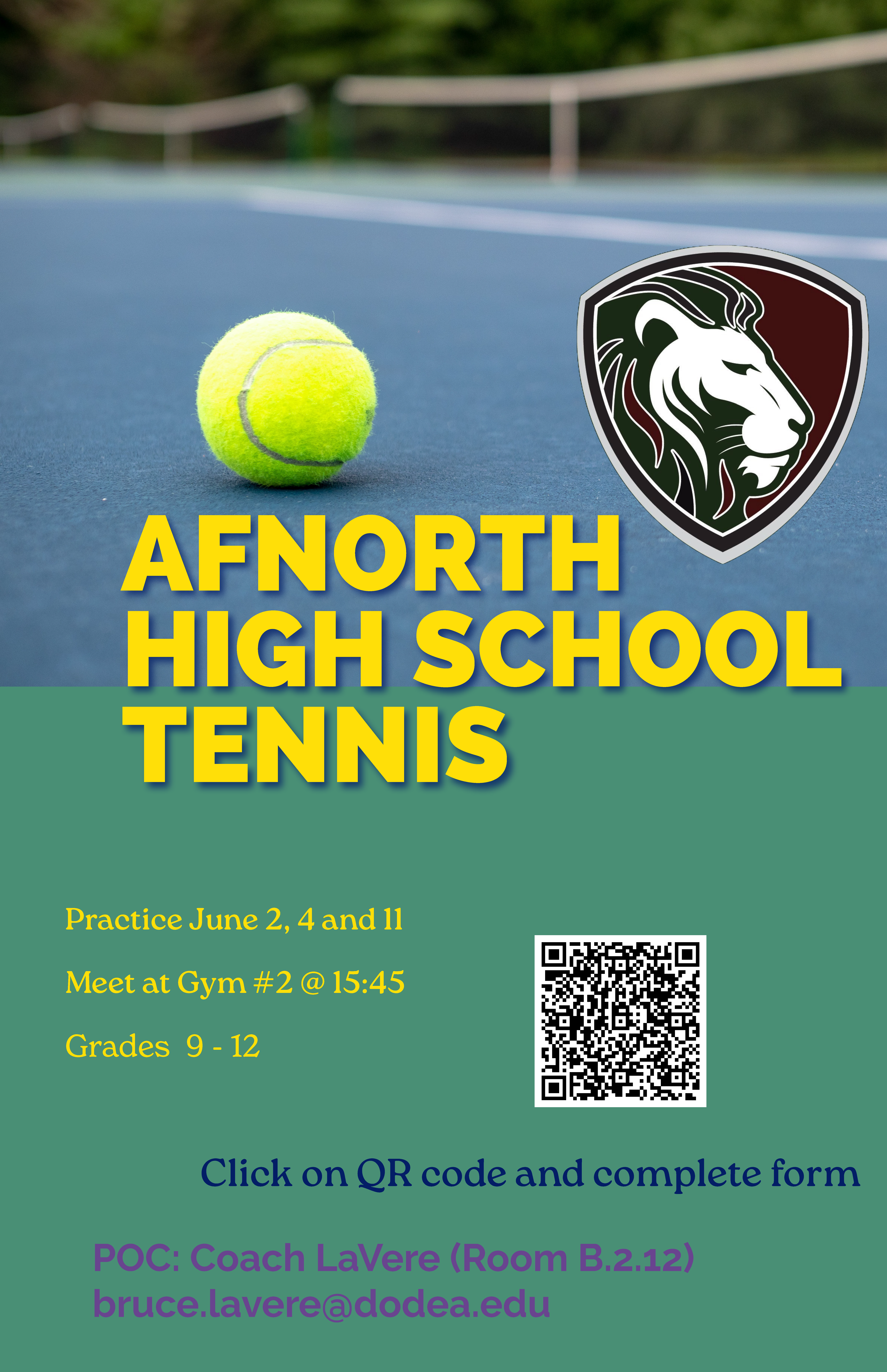 Tennis team practice flyer, with sign up link