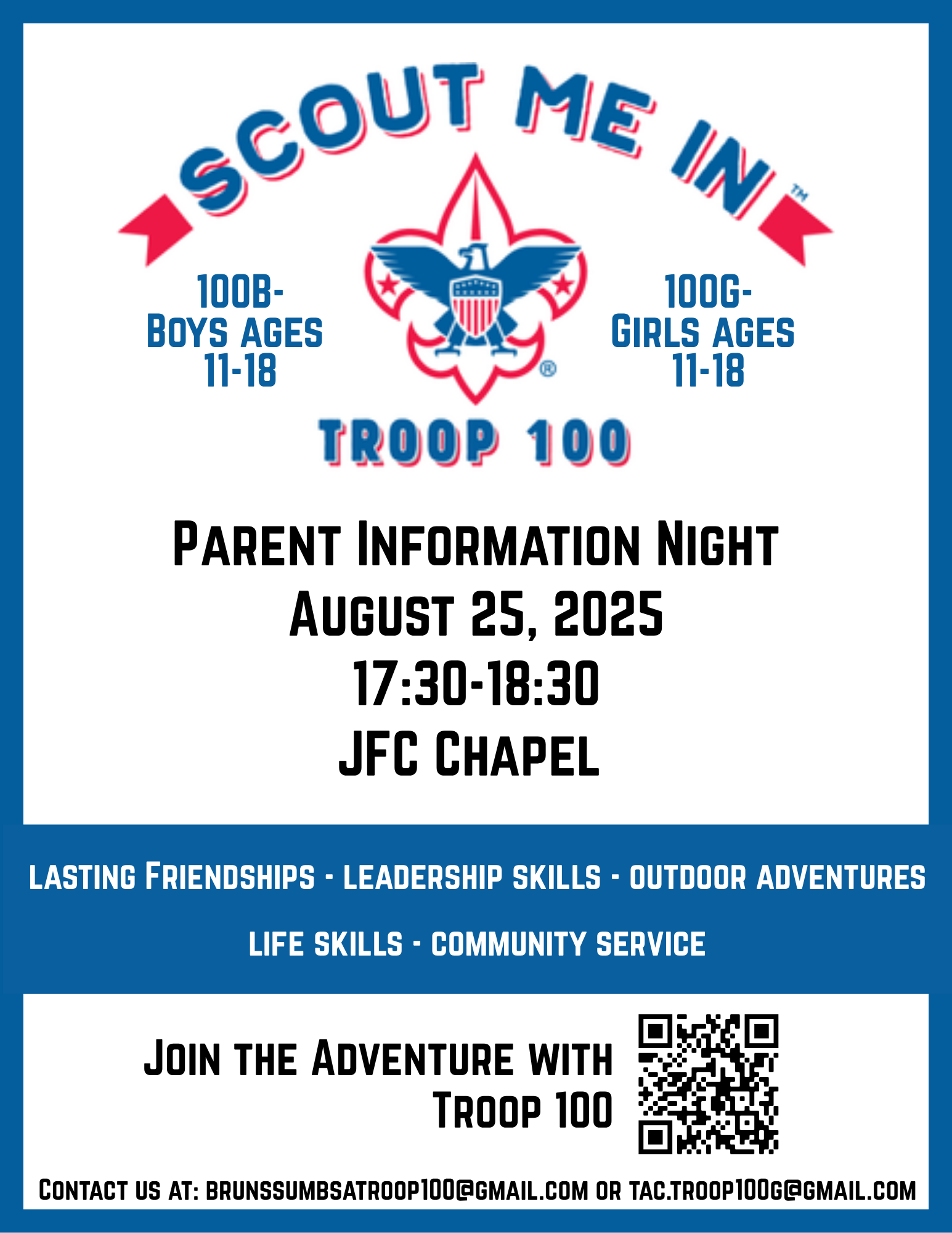 Scout me in, parent info sessions, boys and girls 11-18, Aug 25 17:00-18:30, JFC Chapel