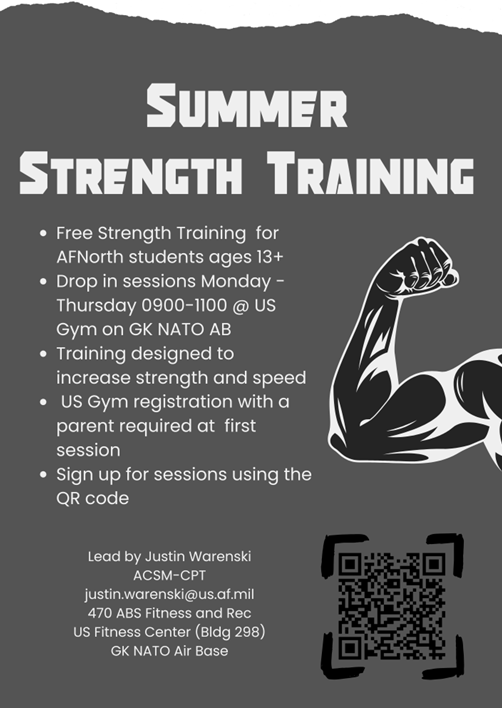 Summer strength training Mon-Thur 0900-1100 GK gym, click flyer to sign up